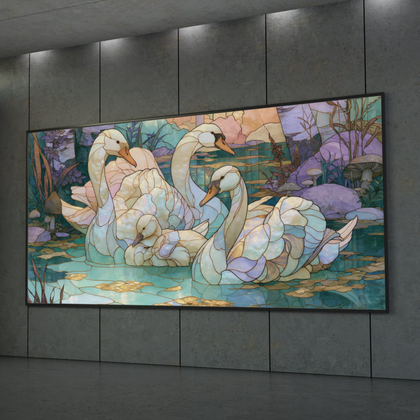 Swan Family Rolled Poster — Stained Glass Style Wildlife Wall Art