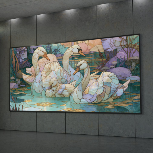 Swan Family Rolled Poster — Stained Glass Style Wildlife Wall Art
