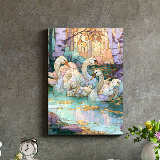 Swan Family Rolled Poster — Stained Glass Style Wildlife Wall Art
