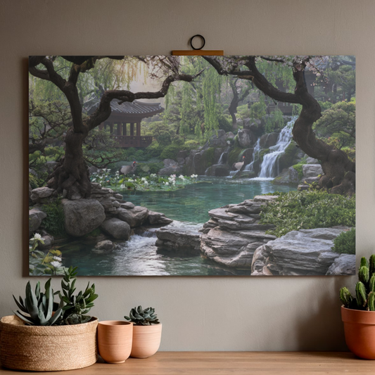 Tranquil Japanese Garden Poster — Serene Waterfall & Pavilion Rolled Art Print