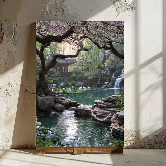 Tranquil Japanese Garden Poster — Serene Waterfall & Pavilion Rolled Art Print