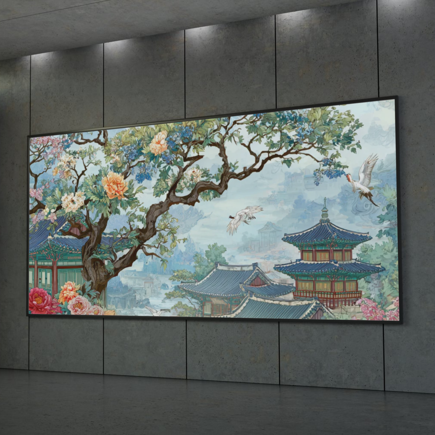 Asian Landscape Poster — Traditional Pagoda & Cherry Blossom Rolled Art Print