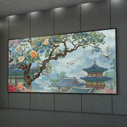 Asian Landscape Poster — Traditional Pagoda & Cherry Blossom Rolled Art Print