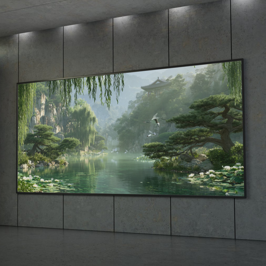Serene Lotus Pond Poster — Tranquil Asian Landscape Wall Art