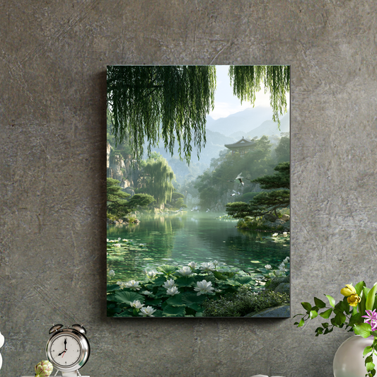 Serene Lotus Pond Poster — Tranquil Asian Landscape Wall Art