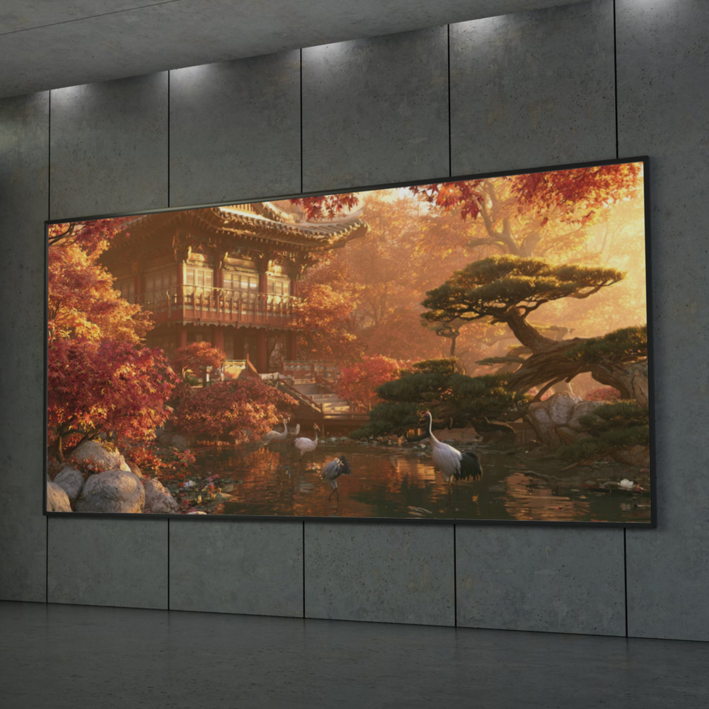 Autumn  Garden Poster — Serene Pagoda & Cranes Wall Art