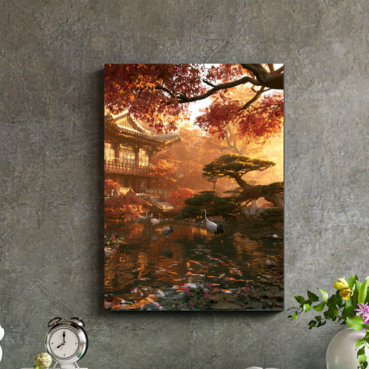 Autumn  Garden Poster — Serene Pagoda & Cranes Wall Art