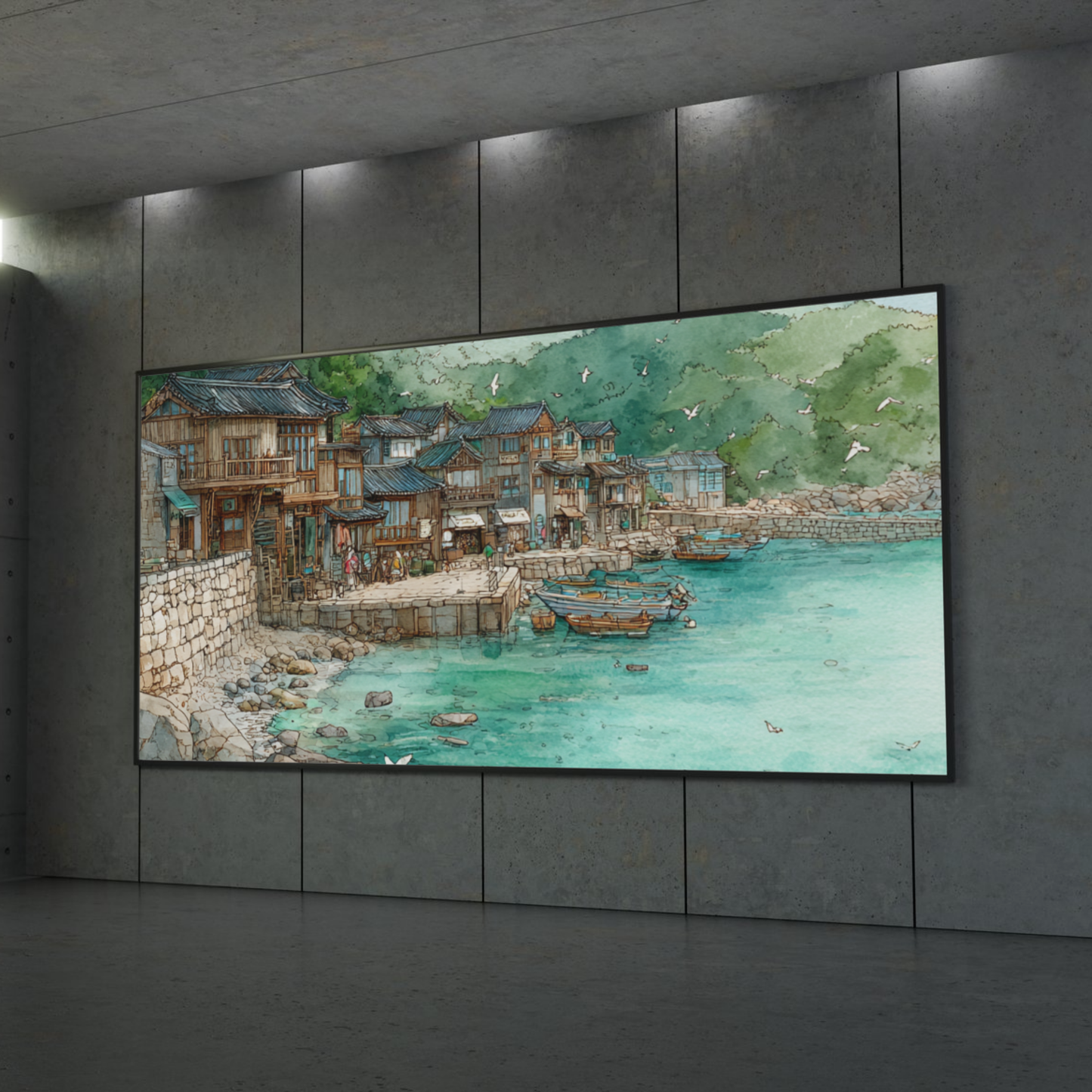 Coastal Village Rolled Poster - Serene Harbor Watercolor Art Print