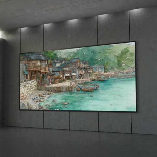 Coastal Village Rolled Poster - Serene Harbor Watercolor Art Print