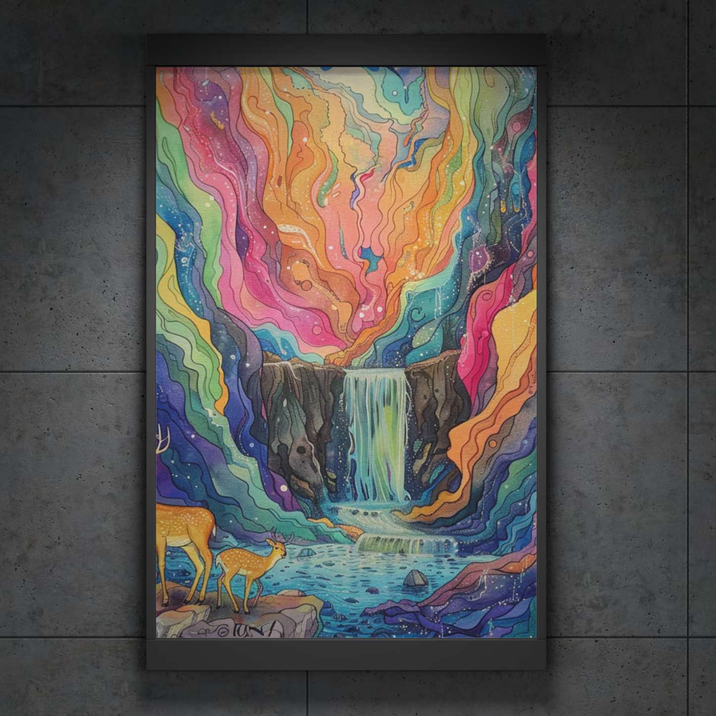 Colorful Waterfall & Deer Wall Art Print