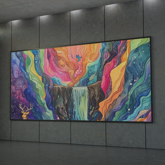 Colorful Waterfall & Deer Wall Art Print