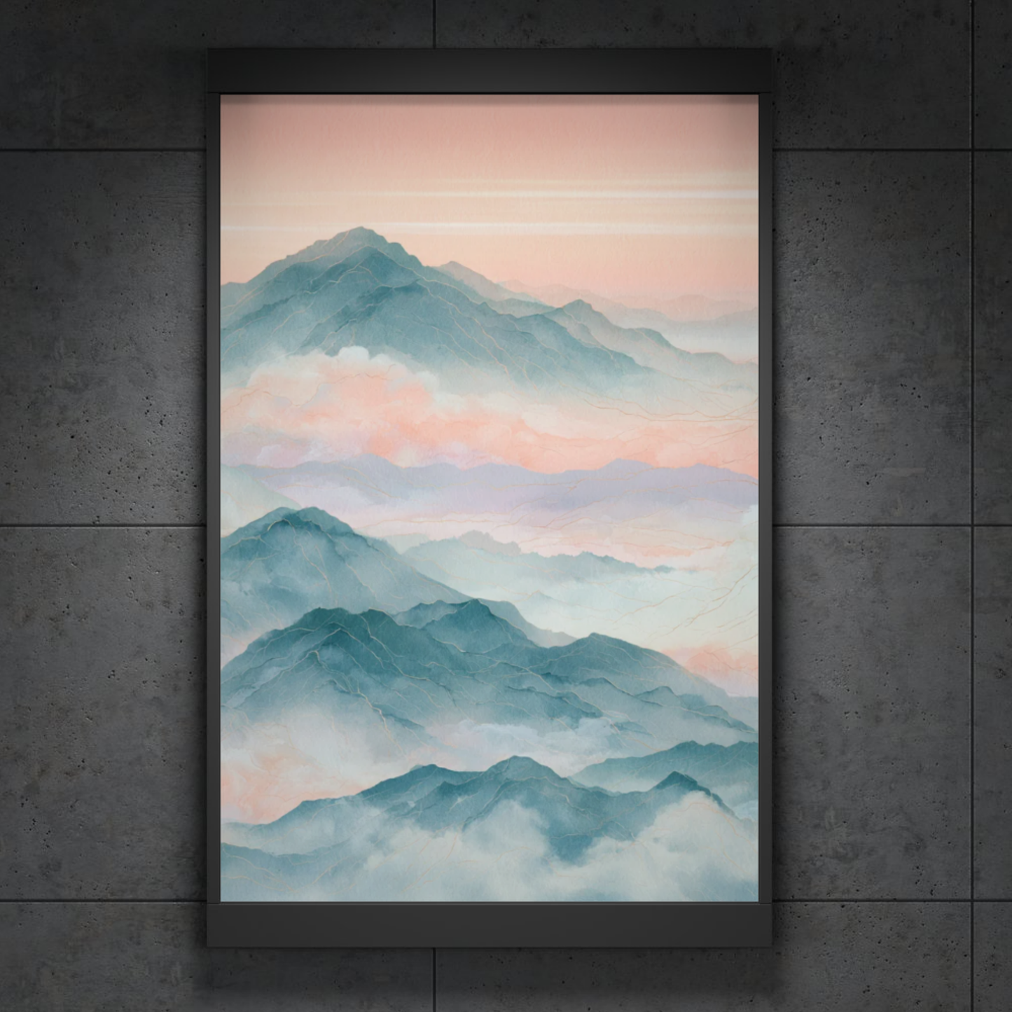 Watercolor Mountain Landscape Poster — Pastel Mist Wall Art