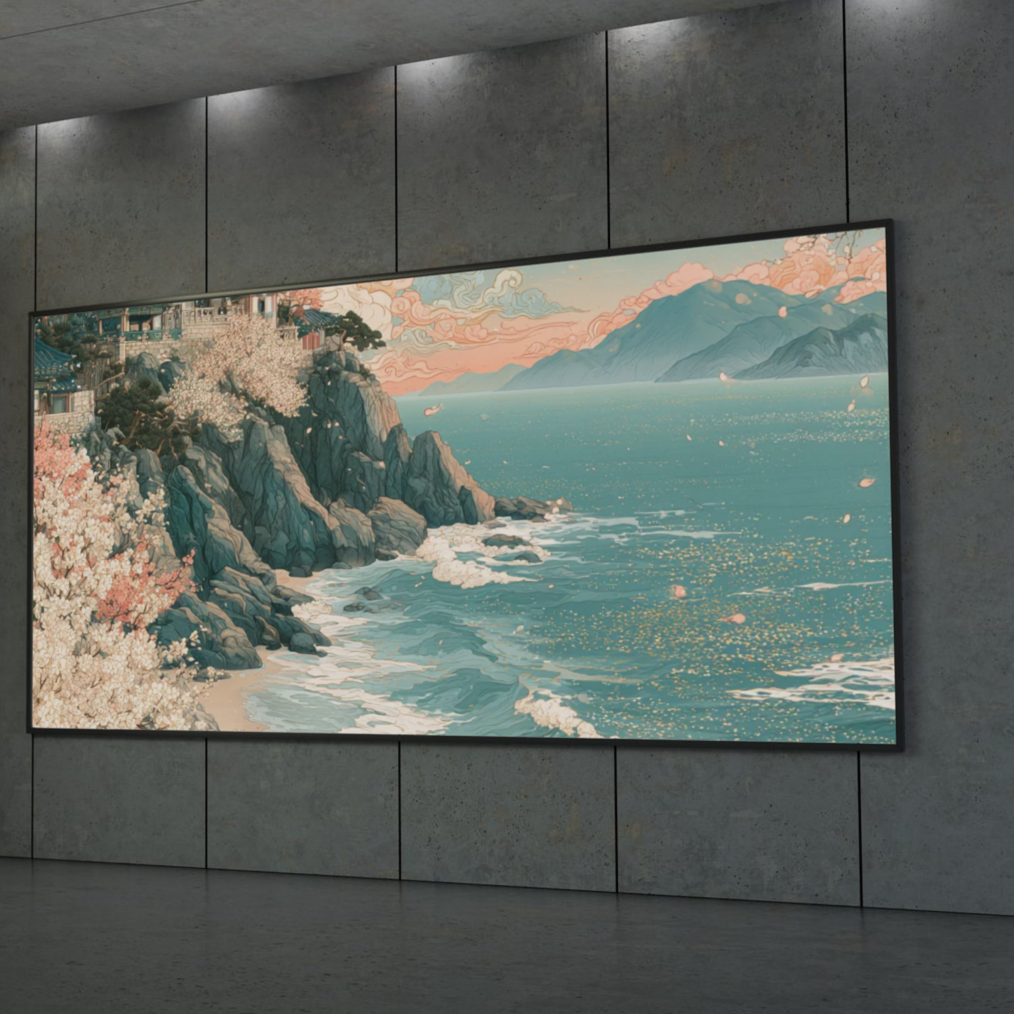 Coastal Temple Seascape Poster — Cherry Blossom Shoreline Art Print