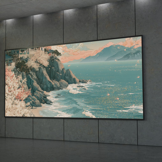 Coastal Temple Seascape Poster — Cherry Blossom Shoreline Art Print