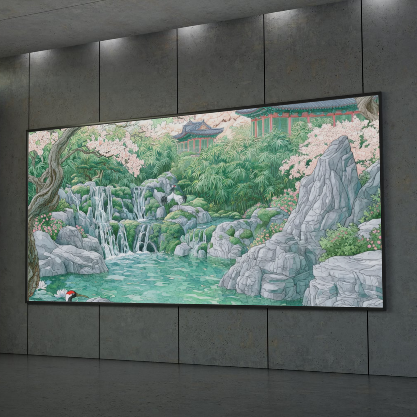Zen Garden Poster — Tranquil Cherry Blossom Pond with Crane