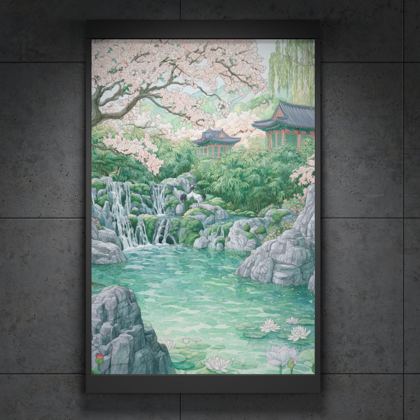 Zen Garden Poster — Tranquil Cherry Blossom Pond with Crane