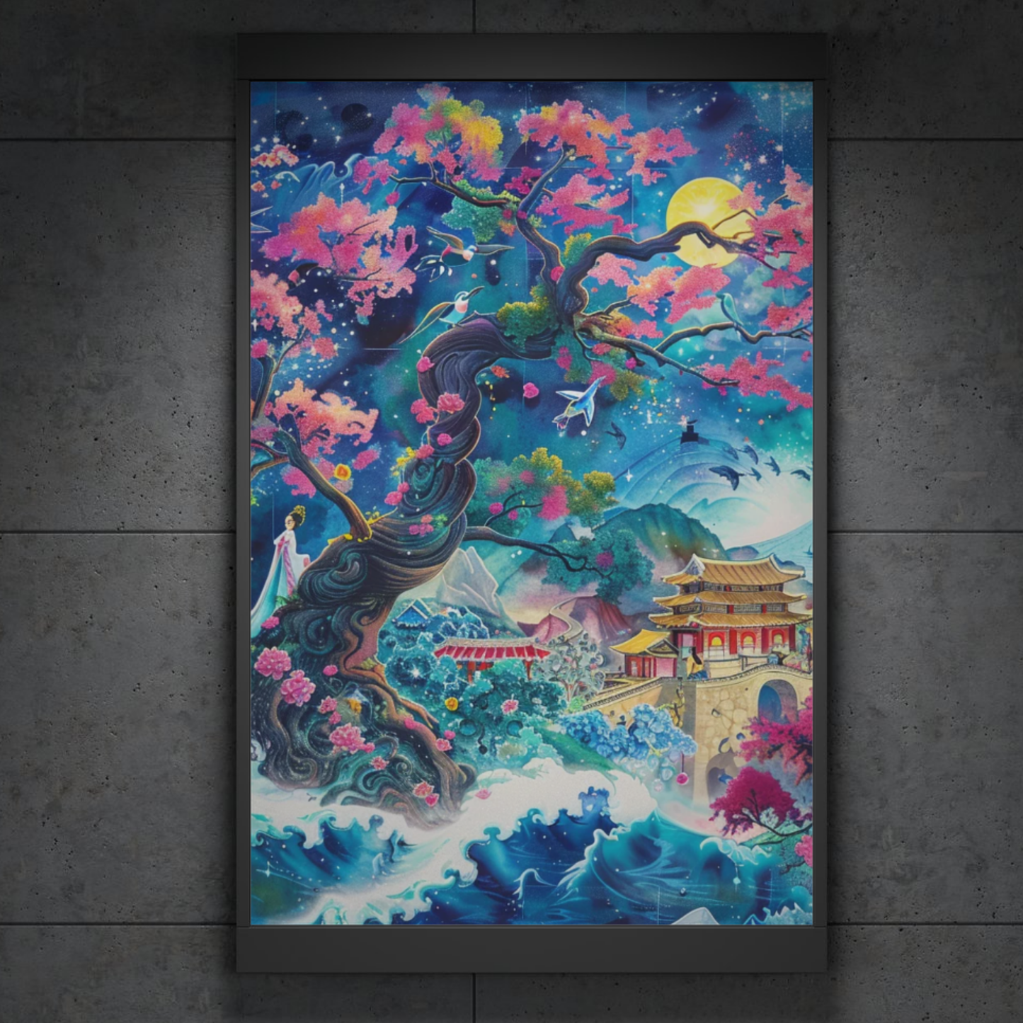 Celestial Blossoms under the Glowing Moon