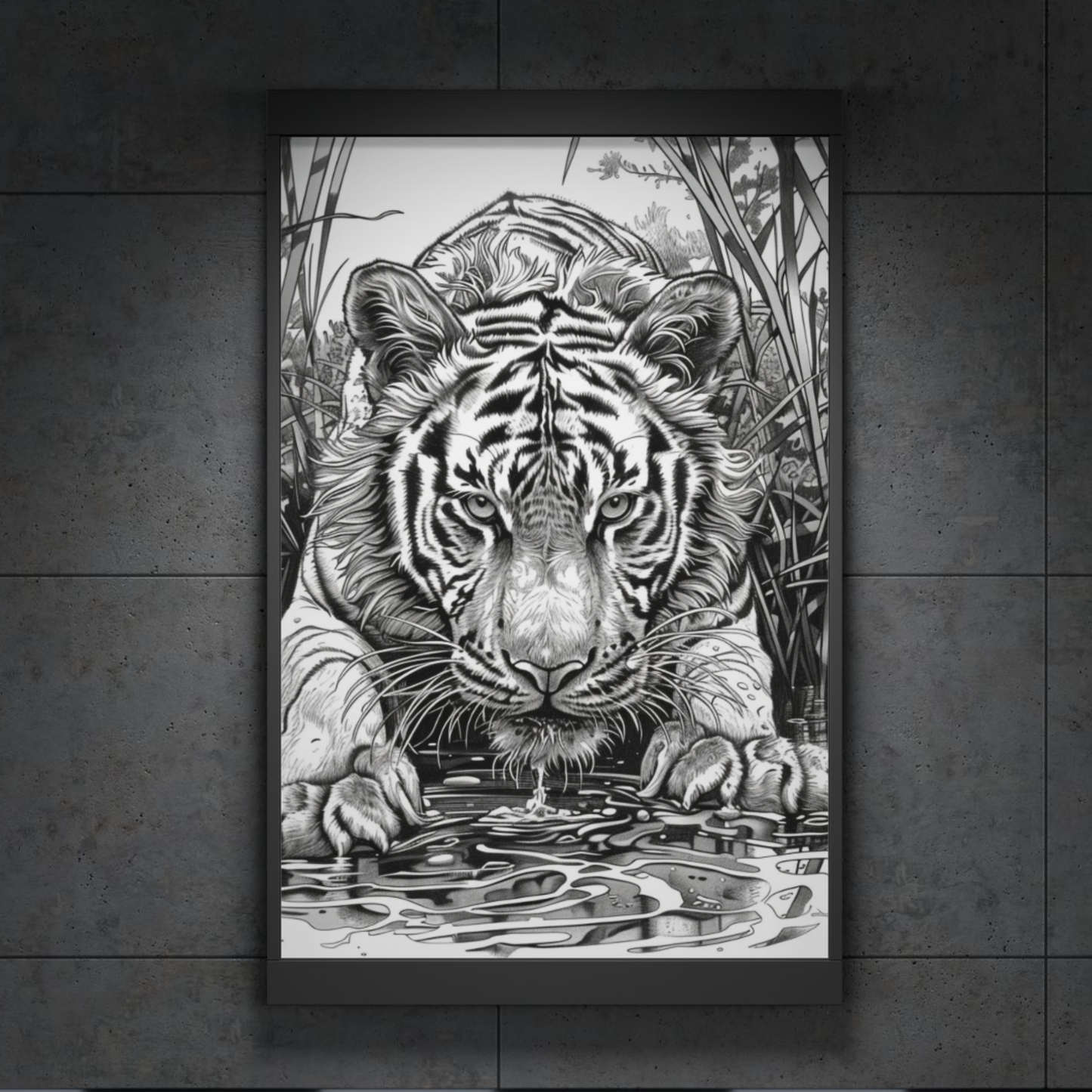 Roaring Tiger Art Poster - Black & White Wildlife Print (Rolled Poster)