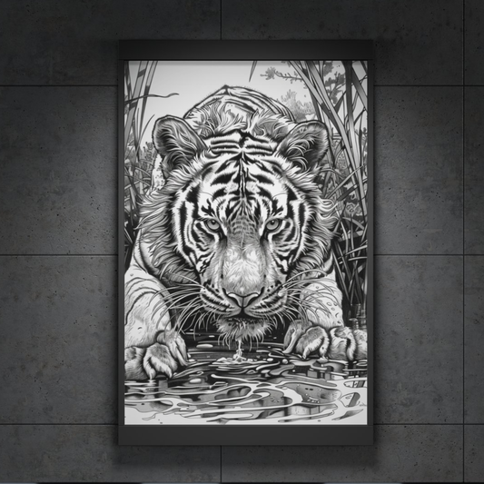 Roaring Tiger Art Poster - Black & White Wildlife Print (Rolled Poster)