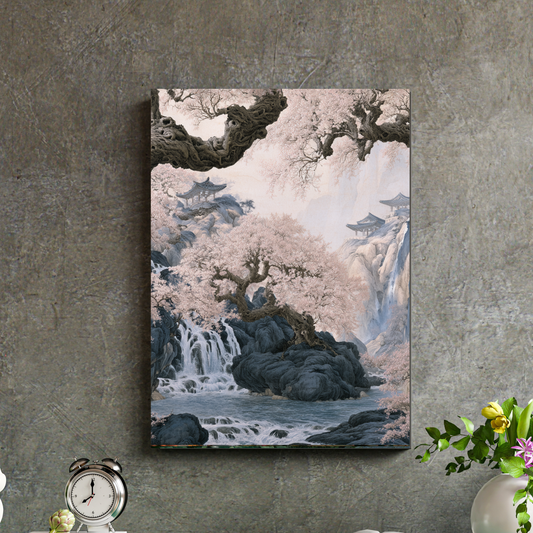 Cherry Blossom Landscape Poster — Asian Pagoda Wall Art