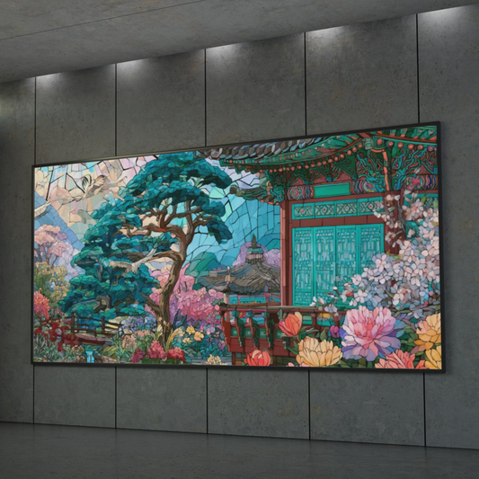 Oriental Garden Poster — Stained-Glass Temple Art Print (Rolled Poster)