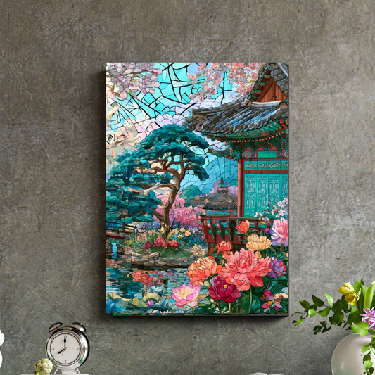 Oriental Garden Poster — Stained-Glass Temple Art Print (Rolled Poster)