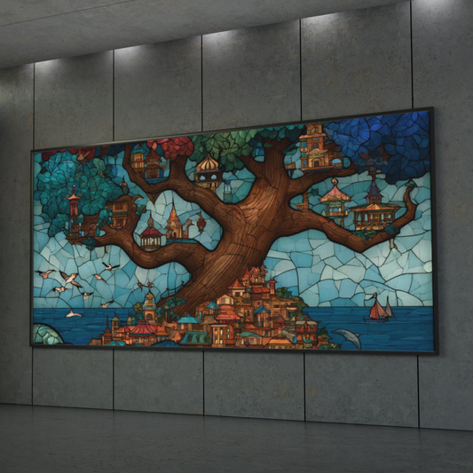 Stained Glass Tree Coastal Village Poster