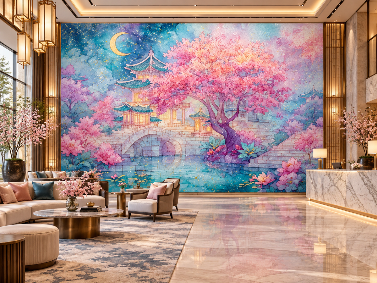 Cherry Blossom Fantasy Poster – Pastel Asian Garden Wall Art
