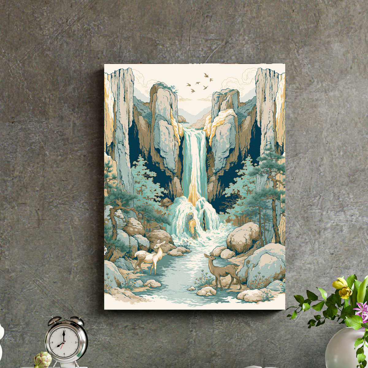 Waterfall Landscape Poster — Serene Mountain Nature Wall Art (Rolled Poster)