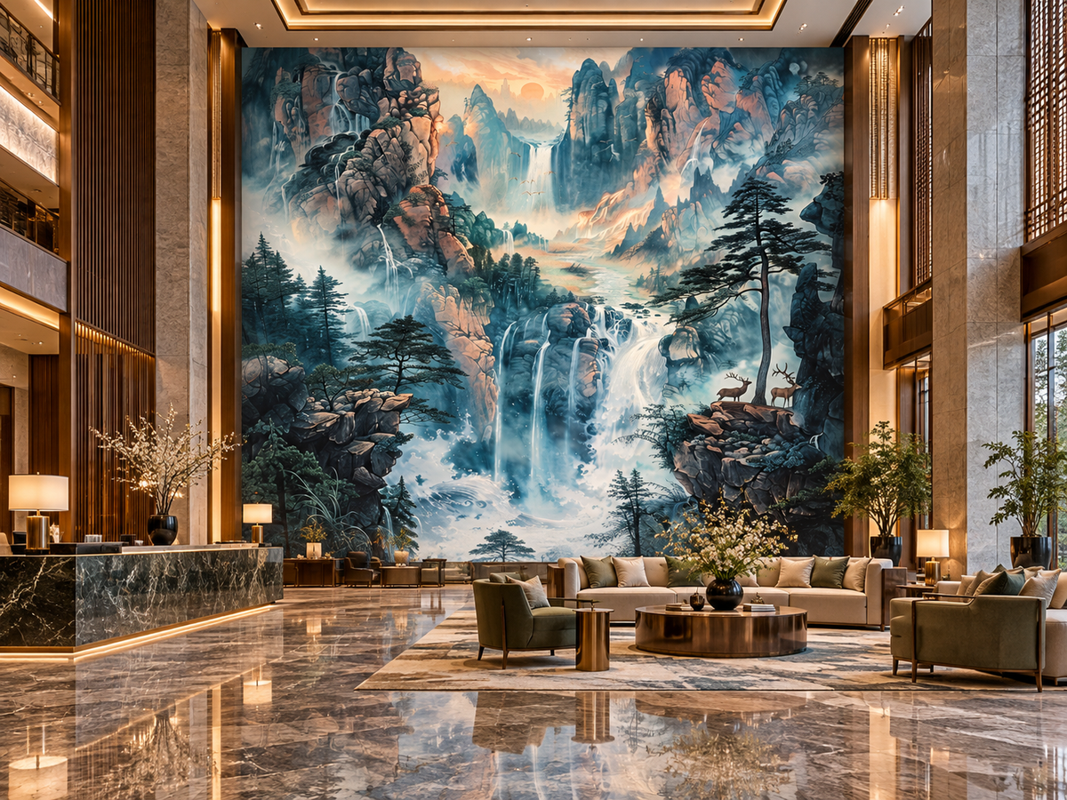 Oriental Waterfall Mountain Landscape Poster | Misty Forest Deer Wall Art | Asian Nature Print