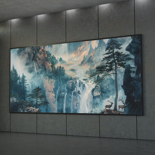 Oriental Waterfall Mountain Landscape Poster | Misty Forest Deer Wall Art | Asian Nature Print