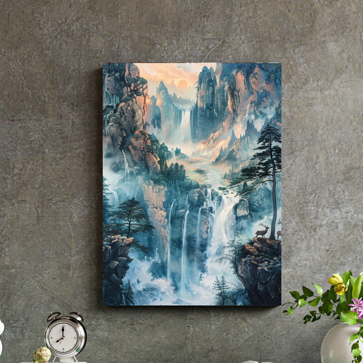 Oriental Waterfall Mountain Landscape Poster | Misty Forest Deer Wall Art | Asian Nature Print