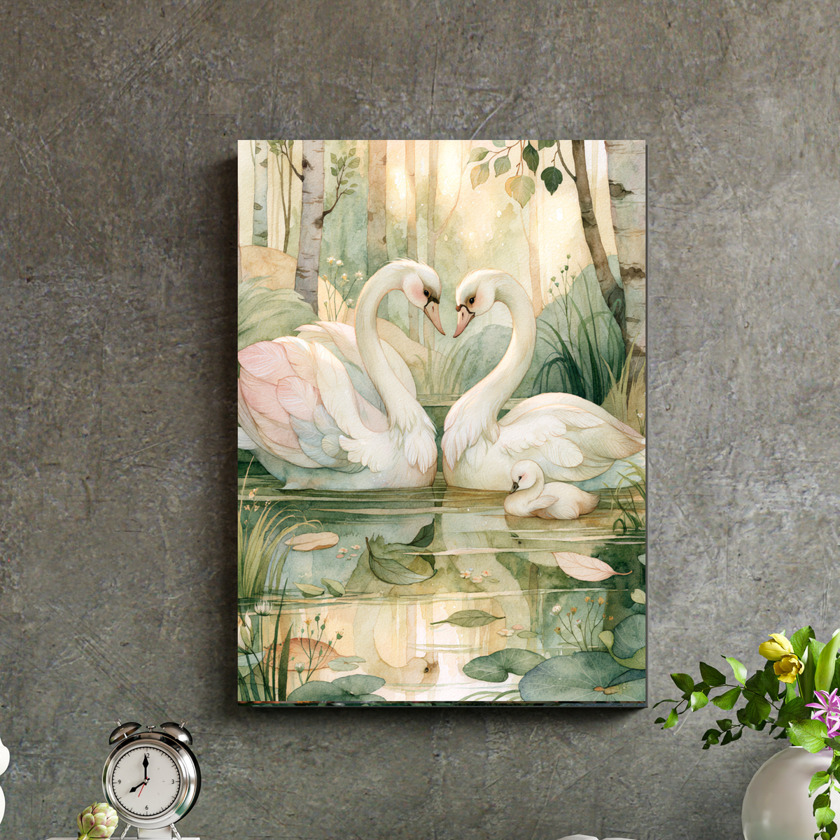Swan Family Art Poster — Romantic Watercolor Wall Print
