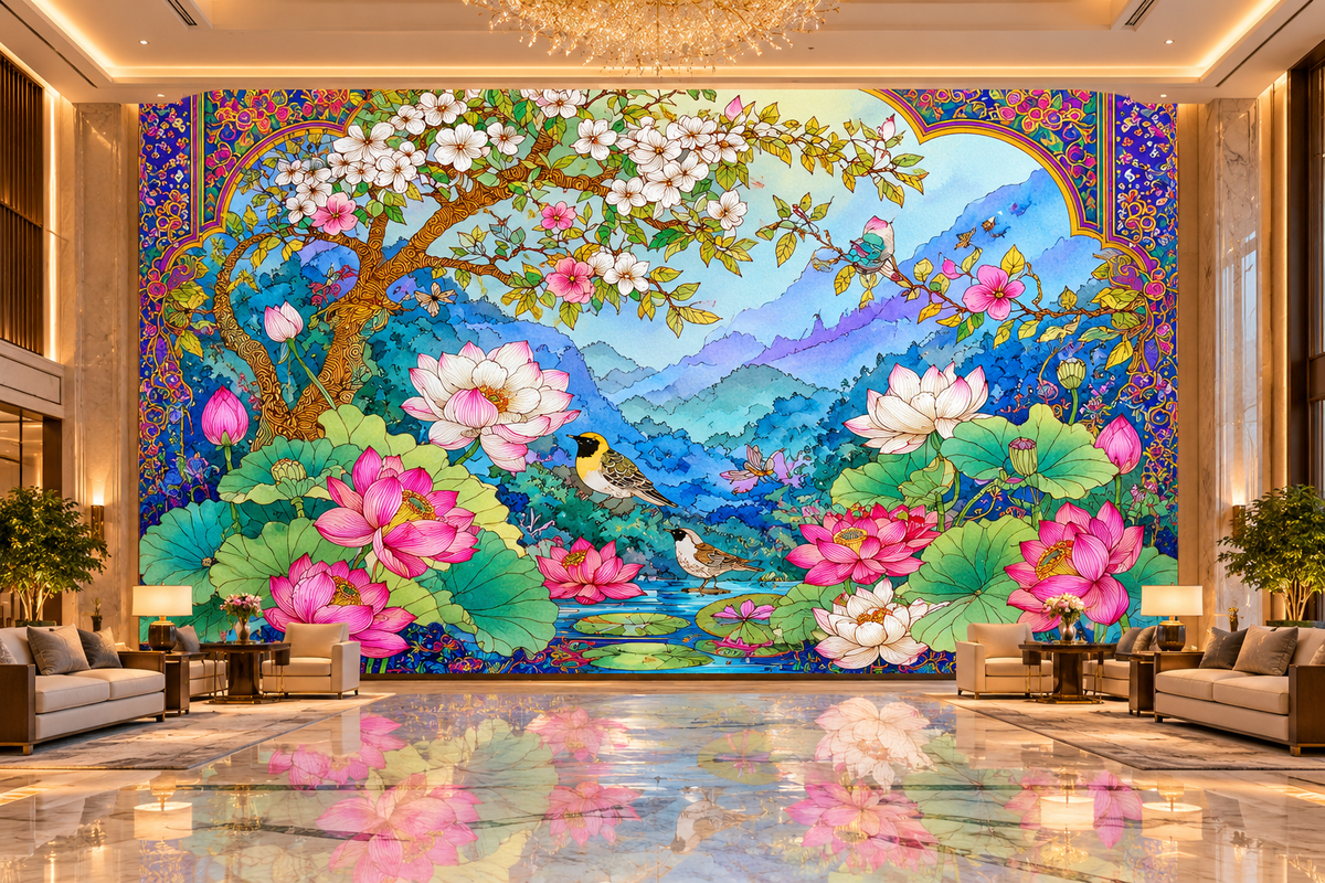 Floral Lotus & Bird Art Poster — Vibrant Watercolor Mountain Garden Print (Rolled Poster)