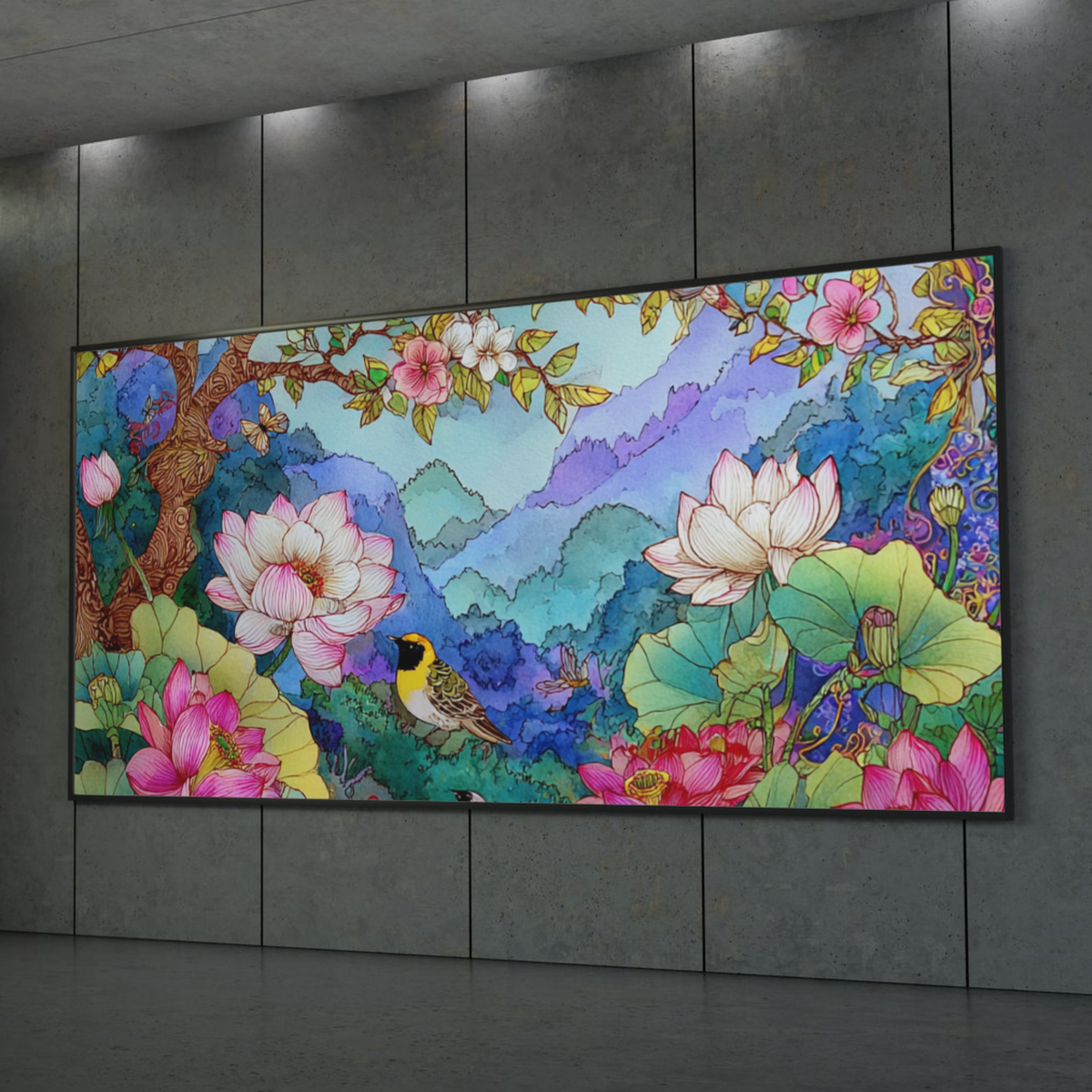 Floral Lotus & Bird Art Poster — Vibrant Watercolor Mountain Garden Print (Rolled Poster)