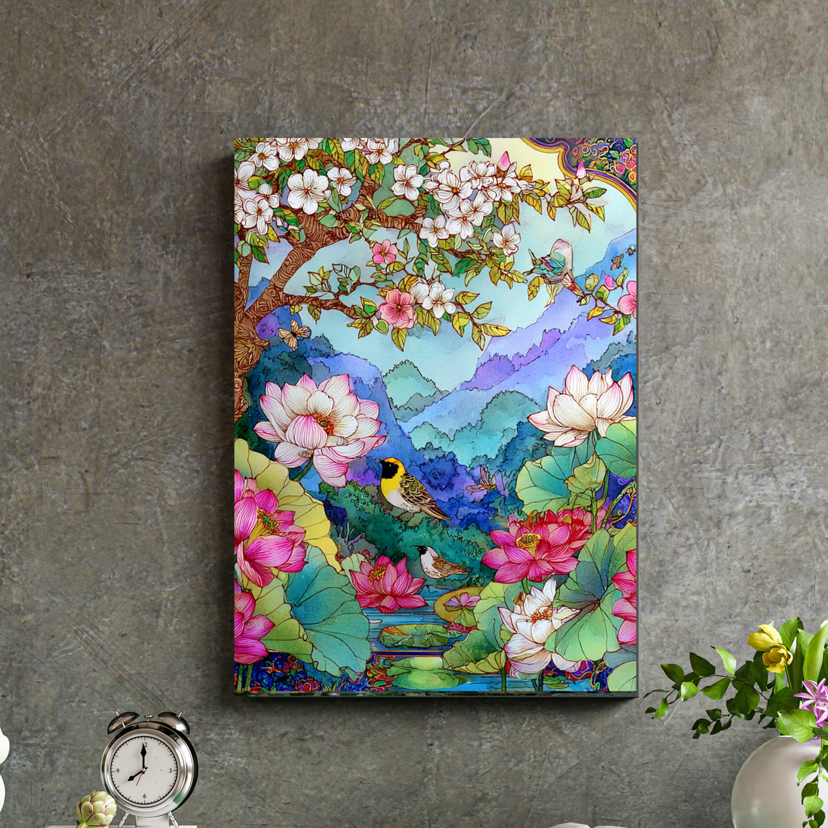 Floral Lotus & Bird Art Poster — Vibrant Watercolor Mountain Garden Print (Rolled Poster)