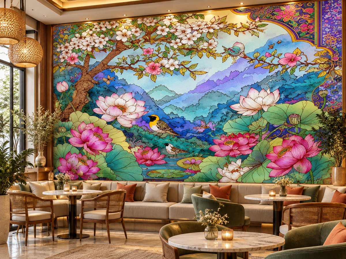 Floral Lotus & Bird Art Poster — Vibrant Watercolor Mountain Garden Print (Rolled Poster)