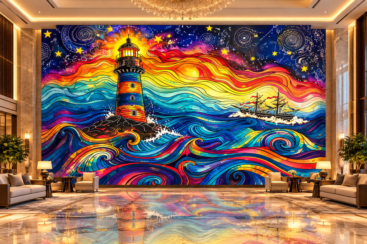Lighthouse Rainbow Waves Poster — Colorful Nautical Art Print (Rolled Poster)