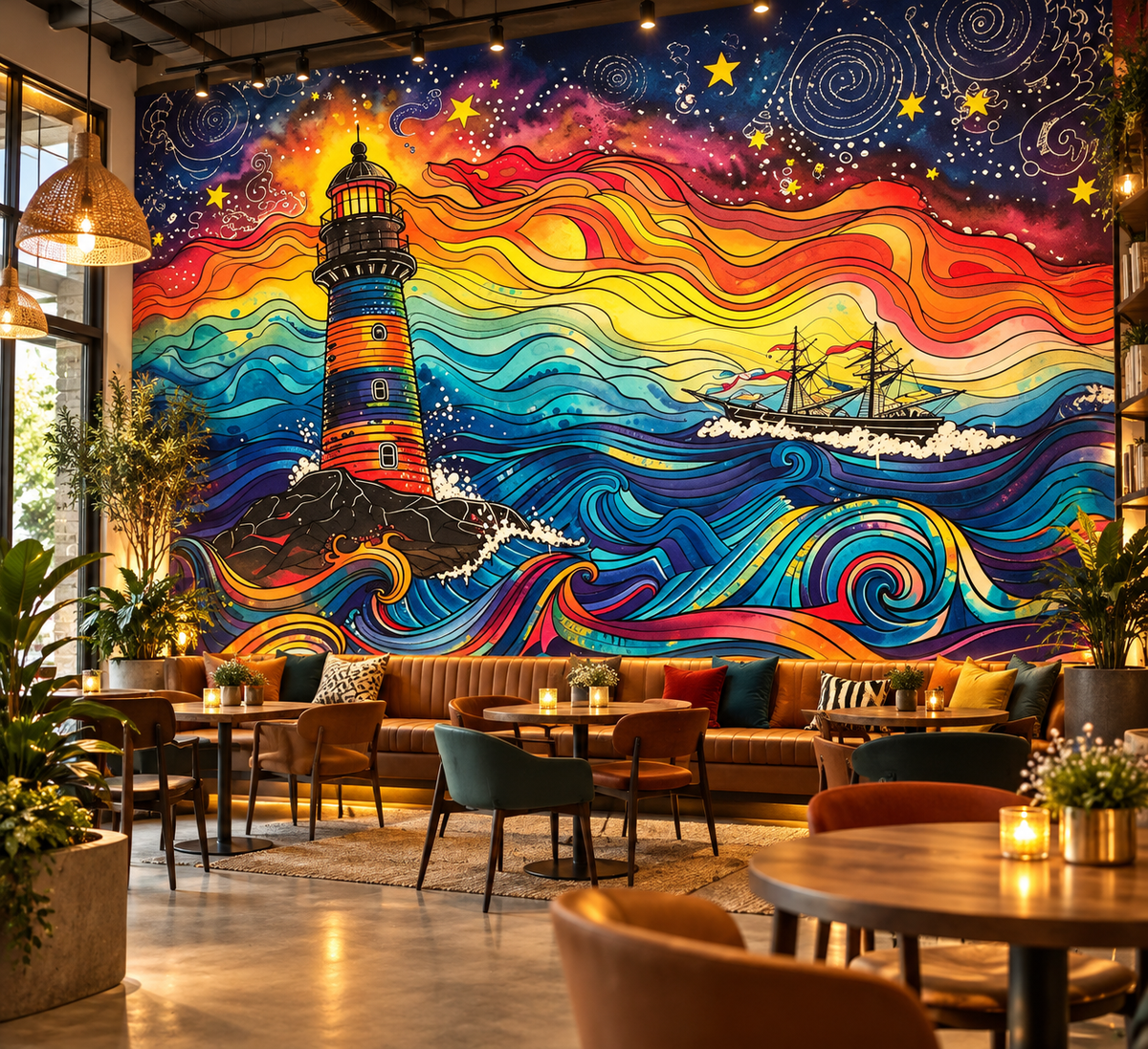 Lighthouse Rainbow Waves Poster — Colorful Nautical Art Print (Rolled Poster)