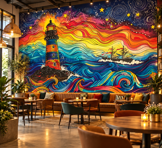 Lighthouse Rainbow Waves Poster — Colorful Nautical Art Print (Rolled Poster)