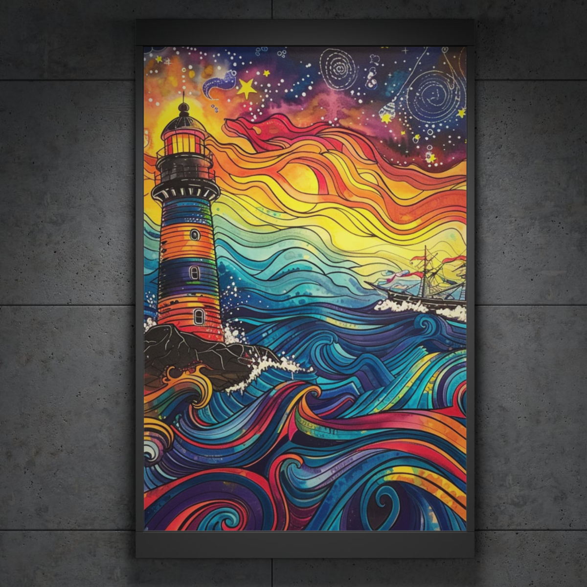 Lighthouse Rainbow Waves Poster — Colorful Nautical Art Print (Rolled Poster)