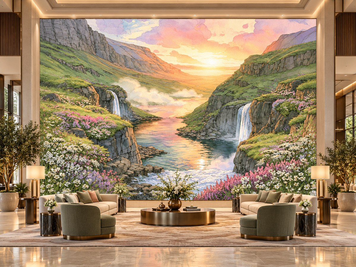 Serene Waterfall Valley Landscape (French Cleat Hanging)