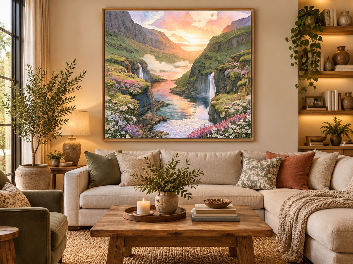 Serene Waterfall Valley Landscape (French Cleat Hanging)