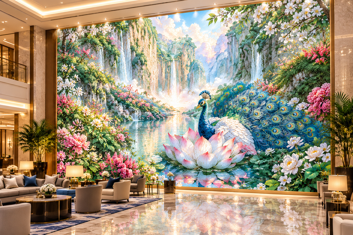 Peacock Waterfall Acrylic Print — Ethereal Botanical Wall Art (French Cleat Hanging)