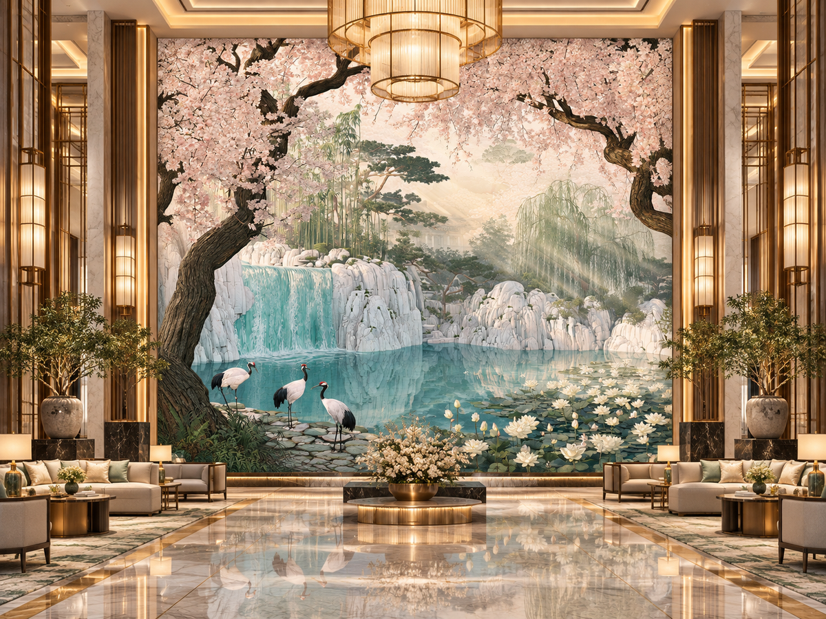 Cranes by the Waterfall – Stretched Canvas Wall Art