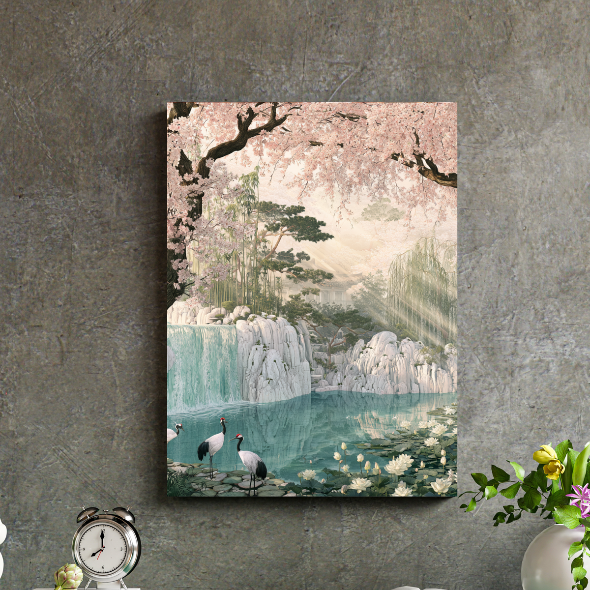 Cranes by the Waterfall – Stretched Canvas Wall Art