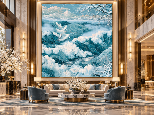 Serene White Cranes Over Ocean Waves Wall Art