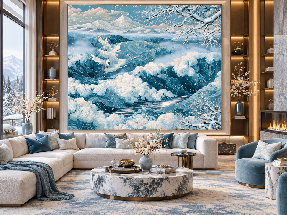 Serene White Cranes Over Ocean Waves Wall Art