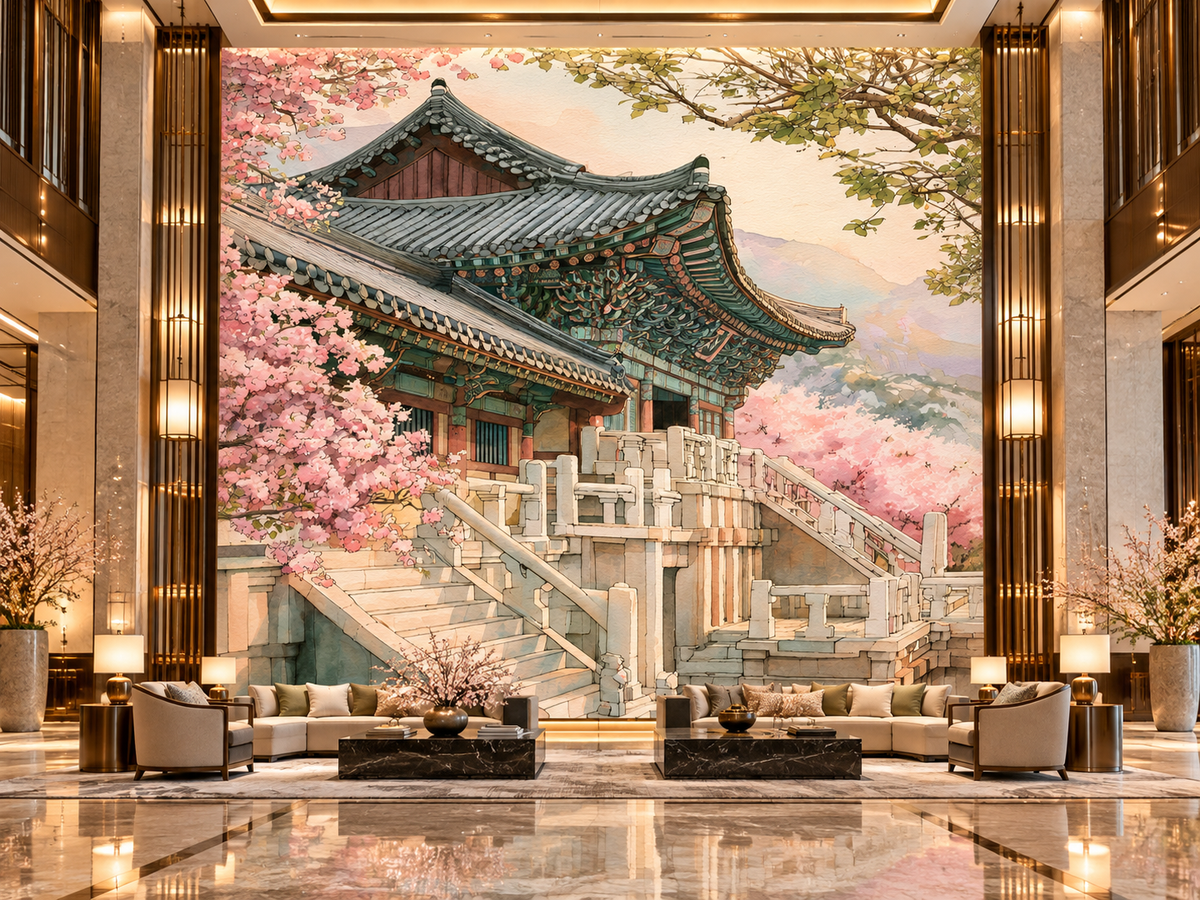 Fine Art Poster of Traditional Korean Architecture and Cherry Blossoms