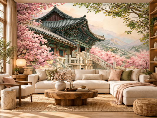 Fine Art Poster of Traditional Korean Architecture and Cherry Blossoms